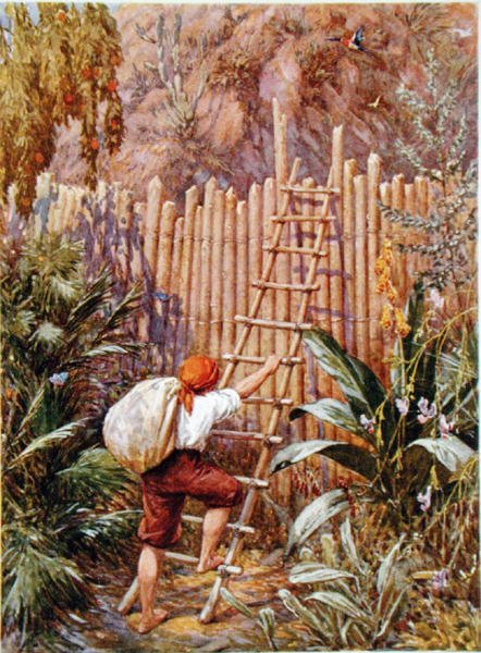Crusoe i jego forteca, ilustracja do „Robinson Crusoe” Daniela Defoe (1660-1731) (kolor lito) autorstwa Howard Davie