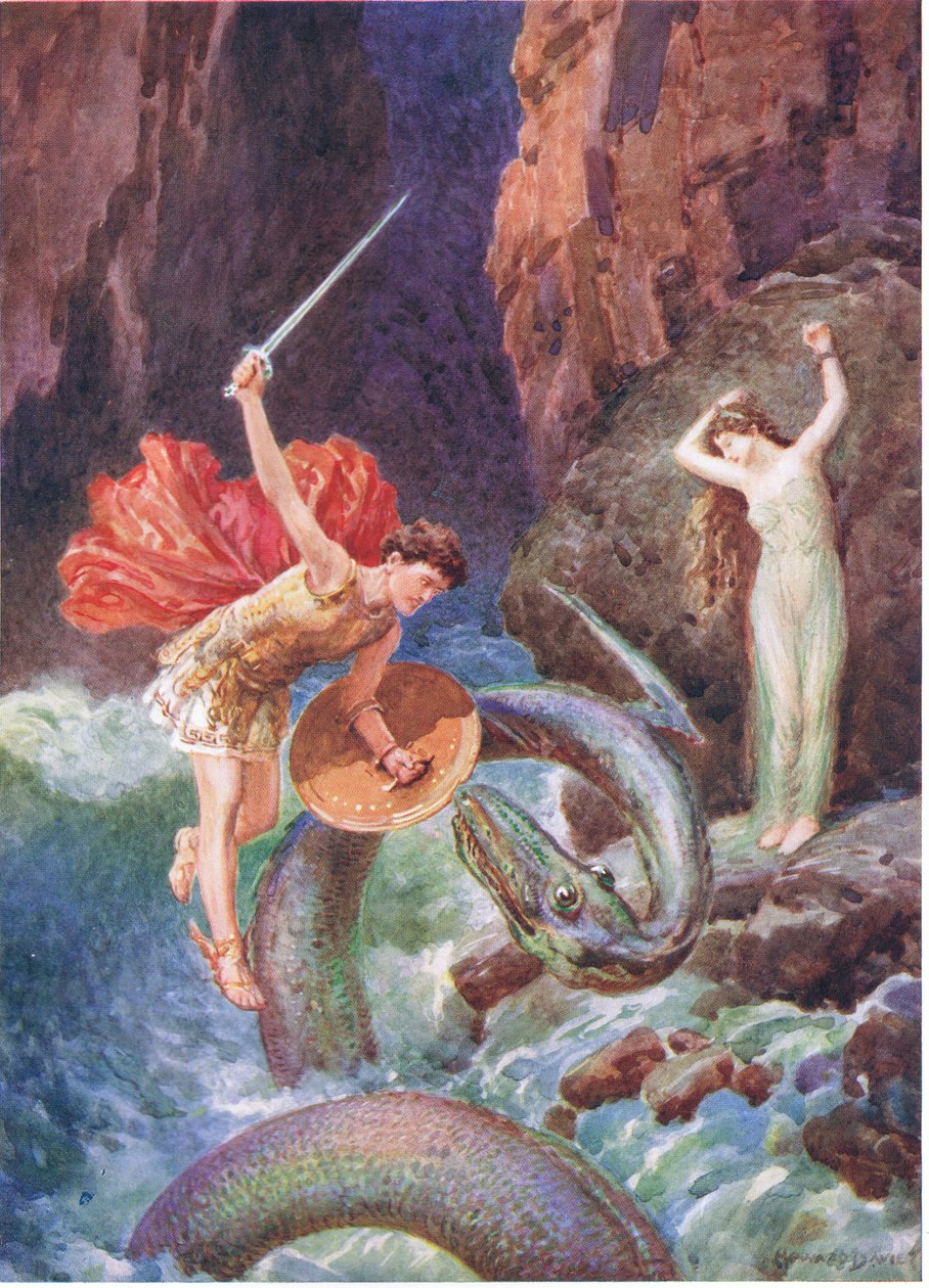 „Z wyżyn powietrza spadł Perseusz”, ilustracja do „Jak Perseusz przybył do Etiopii”, z książki „Bohaterowie greckich bajek” Charlesa Kingsleya (1819-75) (kolor litho) autorstwa Howard Davie