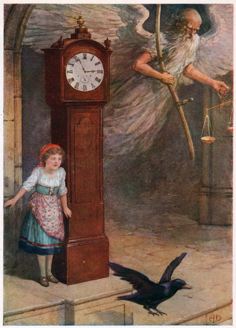 „Father time went flying out.”, z włoskich bajek, autorstwa Lilia E. Romano, opublikowanych przez Raphael Tuck & Sons (kolor litho) autorstwa Howard Davie