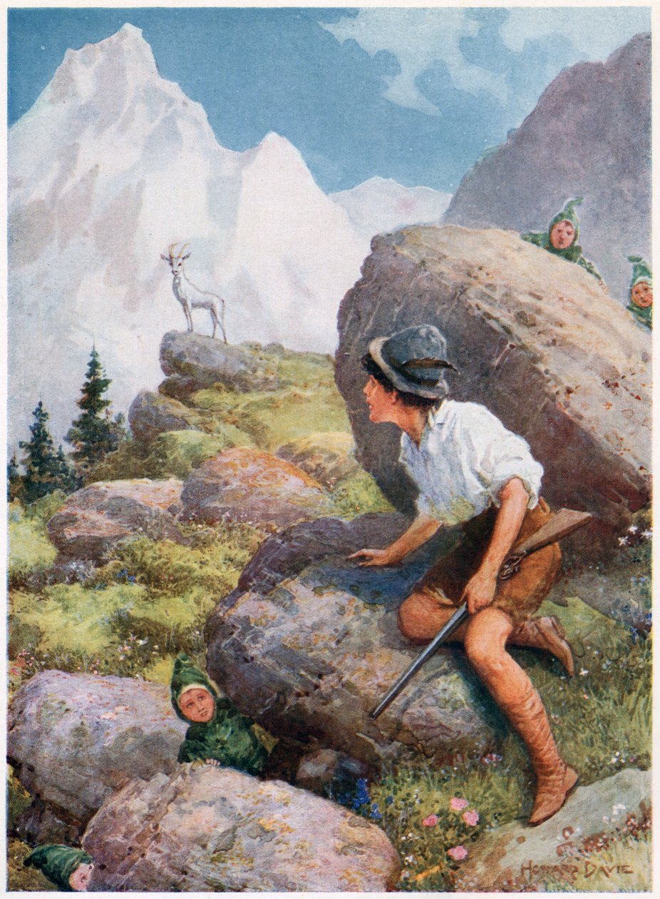 „Ujrzał Slataroga stojącego na szczycie”, z włoskich bajek, autorstwa Lilia E. Romano, wyd. Raphael Tuck & Sons (kolor litho) autorstwa Howard Davie