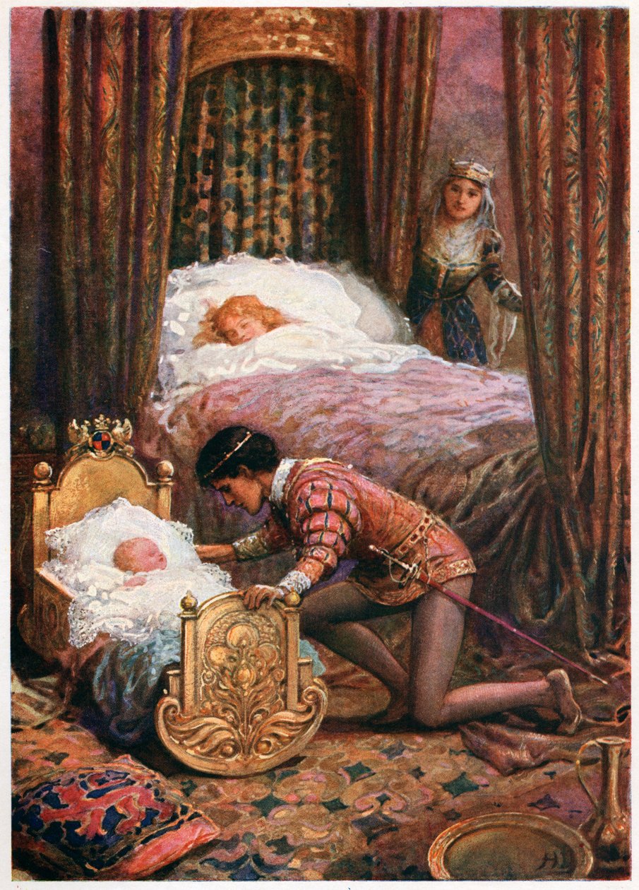 „Pochylił się, by pocałować małe dziecko”, z włoskich bajek, autorstwa Lilia E. Romano, opublikowanych przez Raphael Tuck & Sons (kolor litho) autorstwa Howard Davie