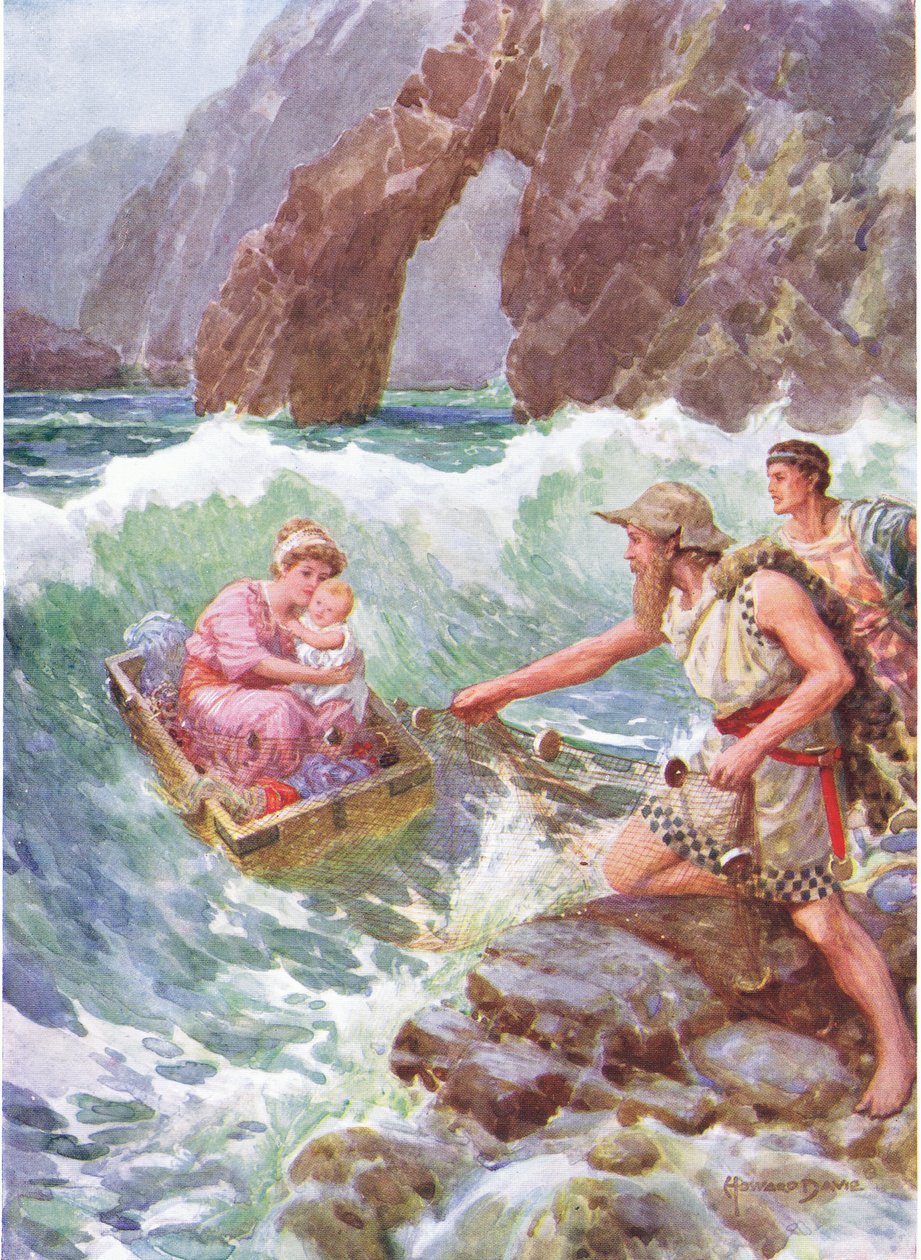 „Narysował ją i dziecko bezpieczne na półce skalnej”, ilustracja do „Jak Perseusz i jego matka przybyli na Serifos”, z „Bohaterów greckich bajek”, autorstwa Charlesa Kingsleya (1819-75) (kolor litho) autorstwa Howard Davie