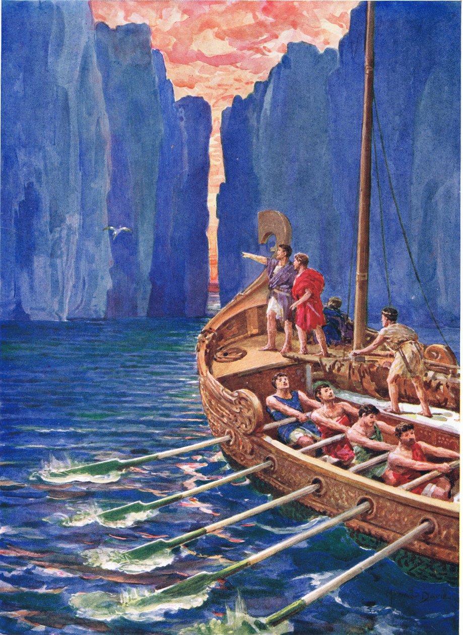 „Hera przysłała nam pilota; podążajmy za przebiegłym ptakiem”, ilustracja do „Jak Argonauci przypłynęli do Kolchidy”, z książki „Bohaterowie greckich bajek” Charlesa Kingsleya (1819-75) (kolor lito) autorstwa Howard Davie