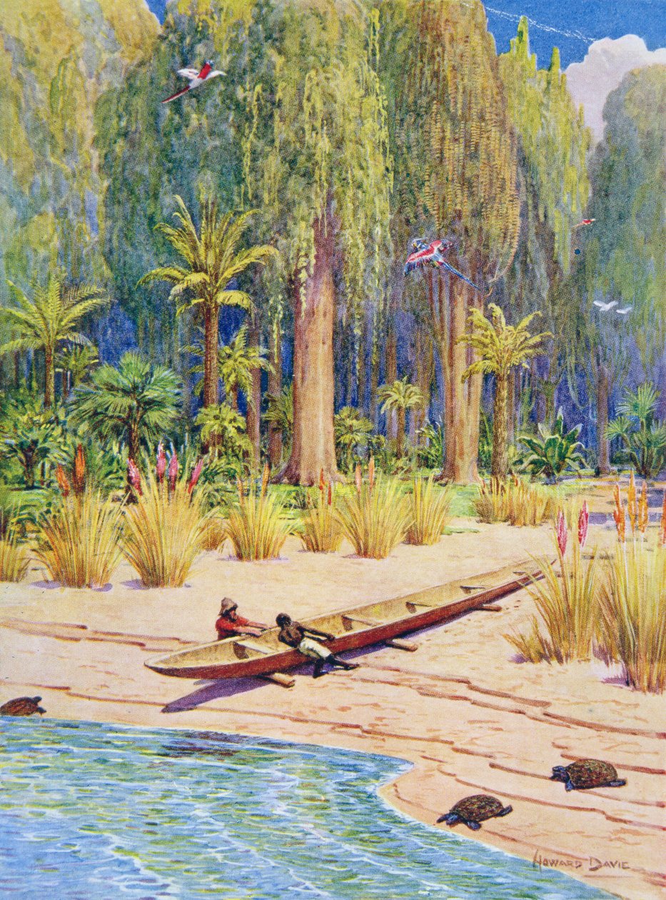 Wodowanie kajaka, ilustracja do „Robinson Crusoe” Daniela Defoe (1660-1731) (kolor lito) autorstwa Howard Davie