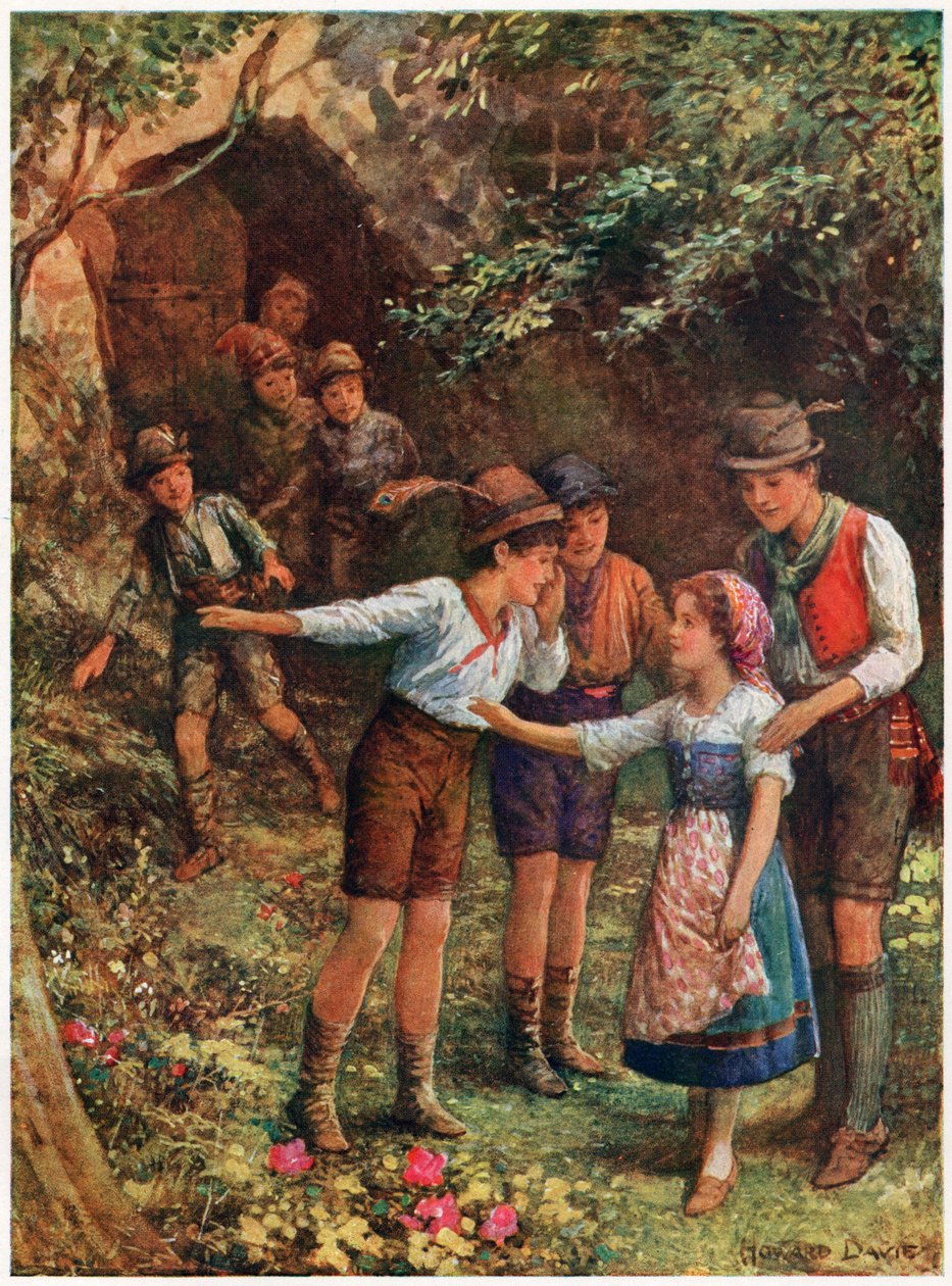 „Mortella i jej siedmiu braci”, z włoskich bajek, autorstwa Lilia E. Romano, wyd. Raphael Tuck & Sons (kolor litho) autorstwa Howard Davie
