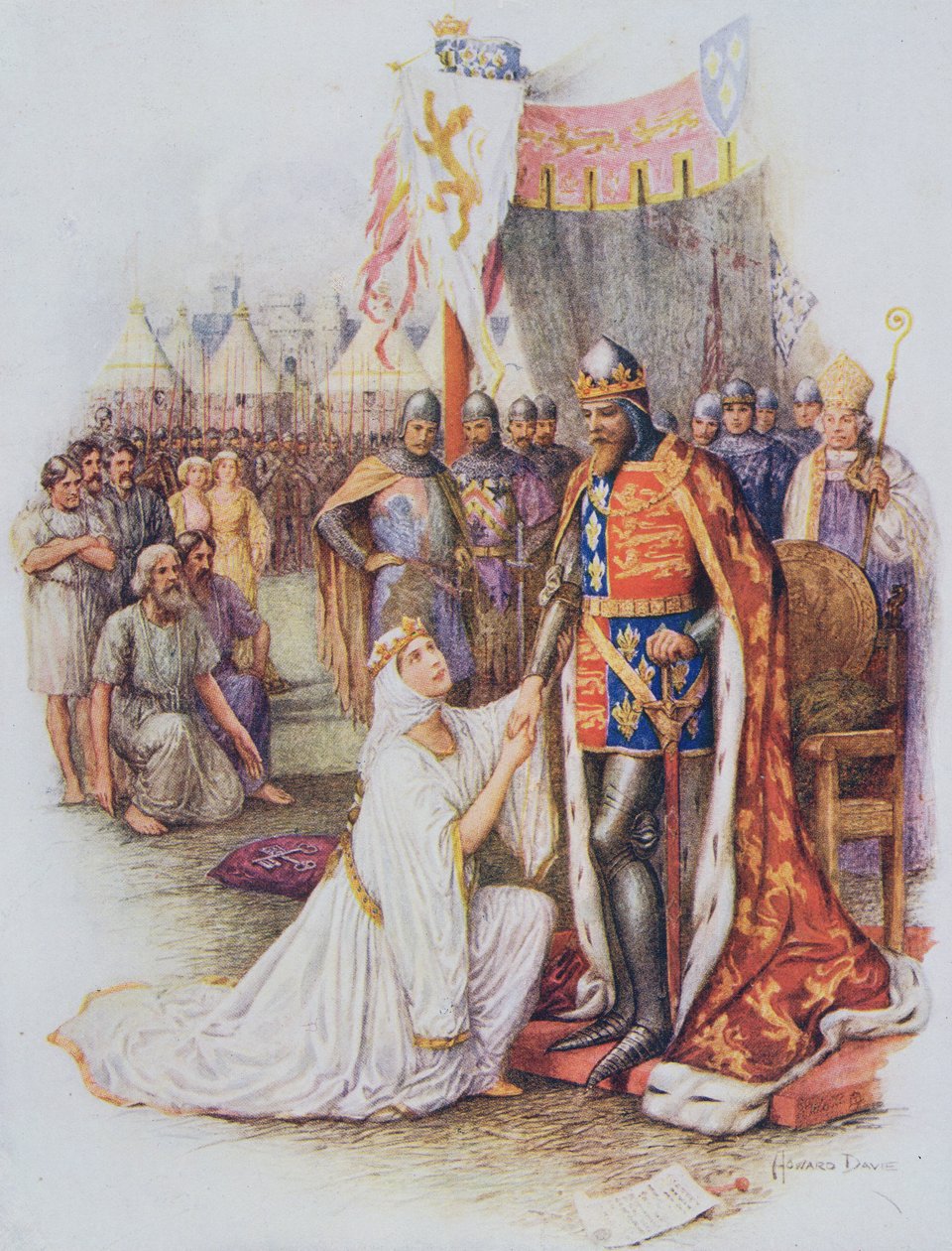 Królowa Filipa wstawia się za obywatelami Calais, ilustracja z „Opowieści o królewskich dzieciach z historii angielskiej”, autorstwa Doris Ashley, wydanej przez Raphaela Tucka autorstwa Howard Davie