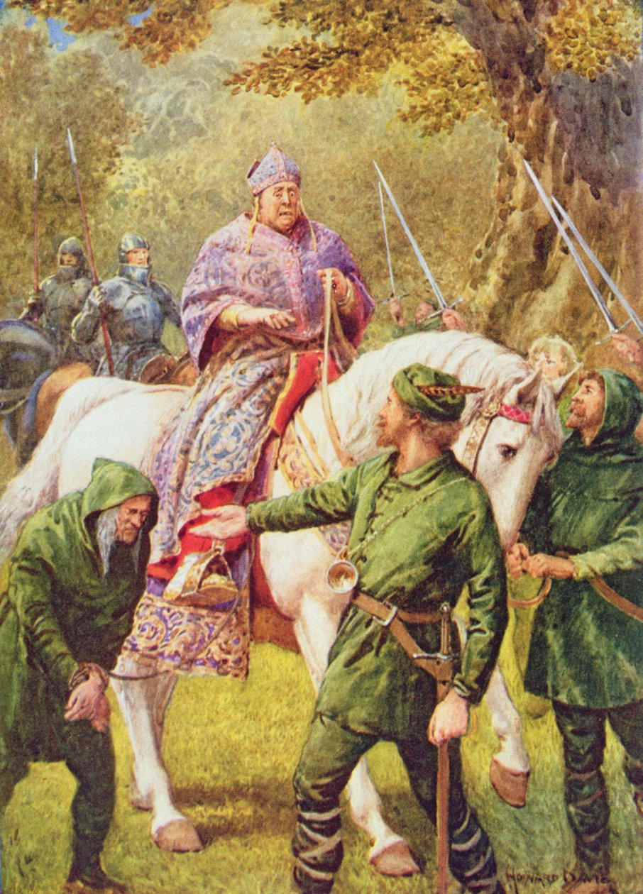 Robin Hood spotyka biskupa Hereford, ilustracja z „Robin Hood and his Life in the Merry Greenwood”, opowiedziana przez Rose Yeatman Woolf, opublikowana przez Raphaela Tucka autorstwa Howard Davie