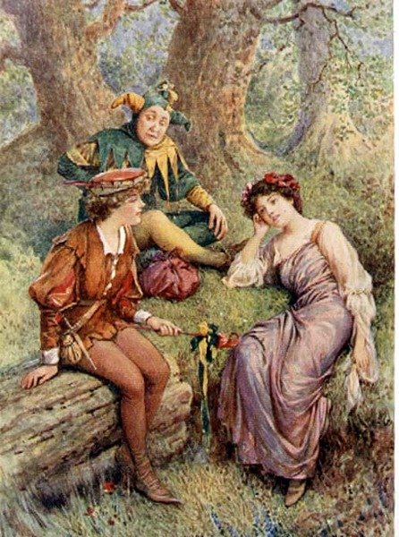 Rosalind, Celia i Probierz w „Jak wam się podoba” z „Opowieści dziecięcych z Szekspira” wyd. Edith Nesbit (1858-1924). Raphael Tuck & Sons Ltd., Londyn (ilustracja książkowa) autorstwa Howard Davie