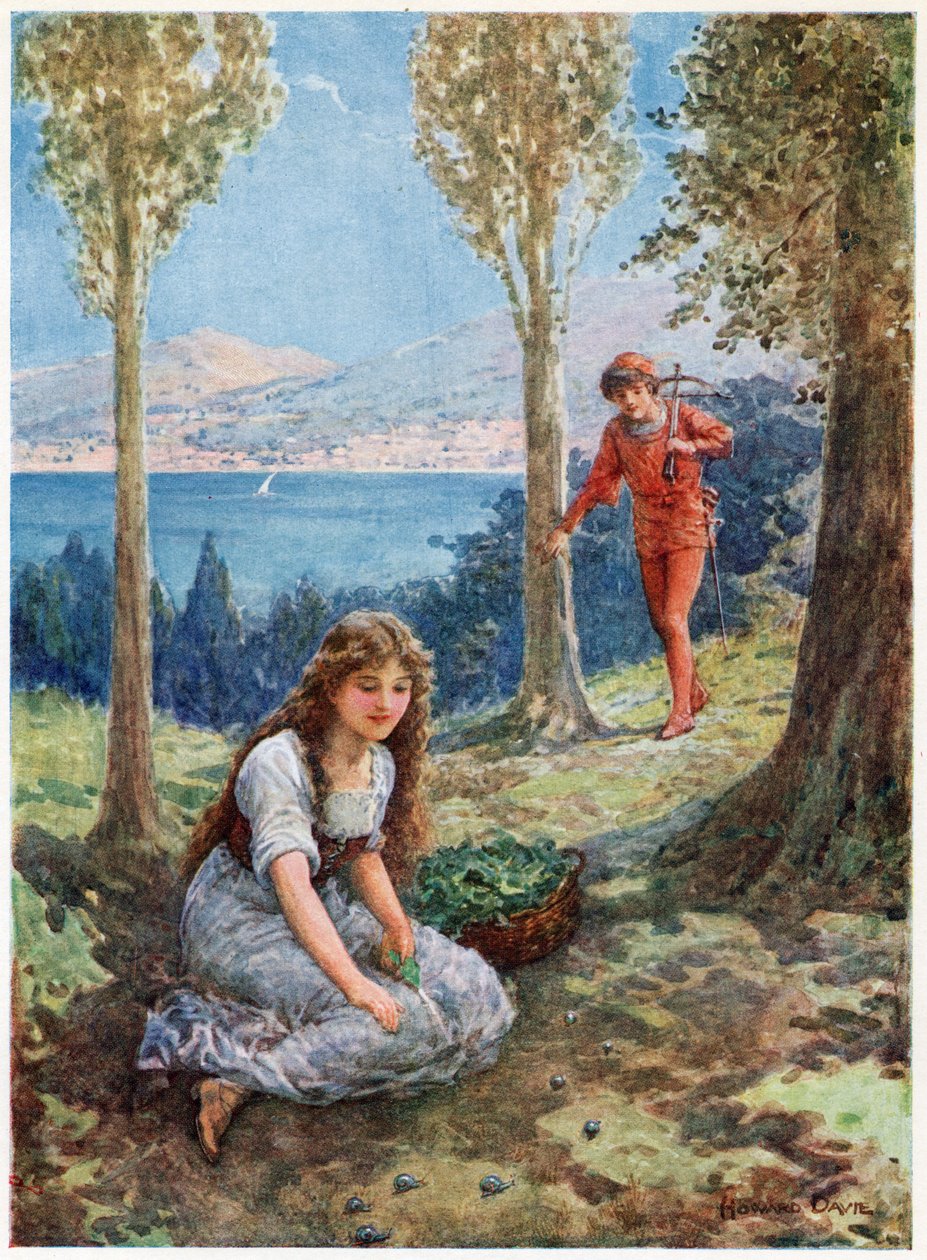 „Nagle zatrzymał się i patrzył w zachwycie”, z włoskich bajek, autorstwa Lilia E. Romano, wyd. Raphael Tuck & Sons (kolor lito) autorstwa Howard Davie