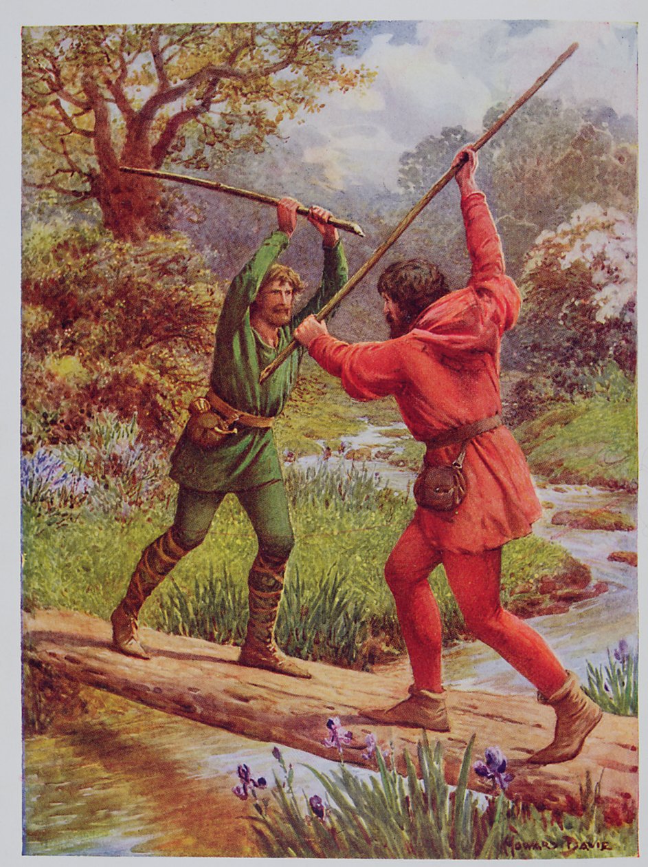 Walka pomiędzy Robin Hoodem a Małym Johnem, ilustracja z filmu „Robin Hood and his Life in the Merry Greenwood”, opowiedziana przez Rose Yeatman Woolf, opublikowana przez Raphaela Tucka autorstwa Howard Davie