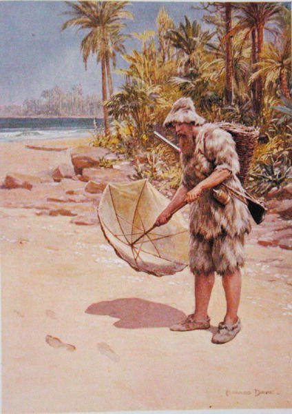 The Footprints in the Sand, ilustracja do „Robinson Crusoe” Daniela Defoe (1660-1731) (kolor lito) autorstwa Howard Davie