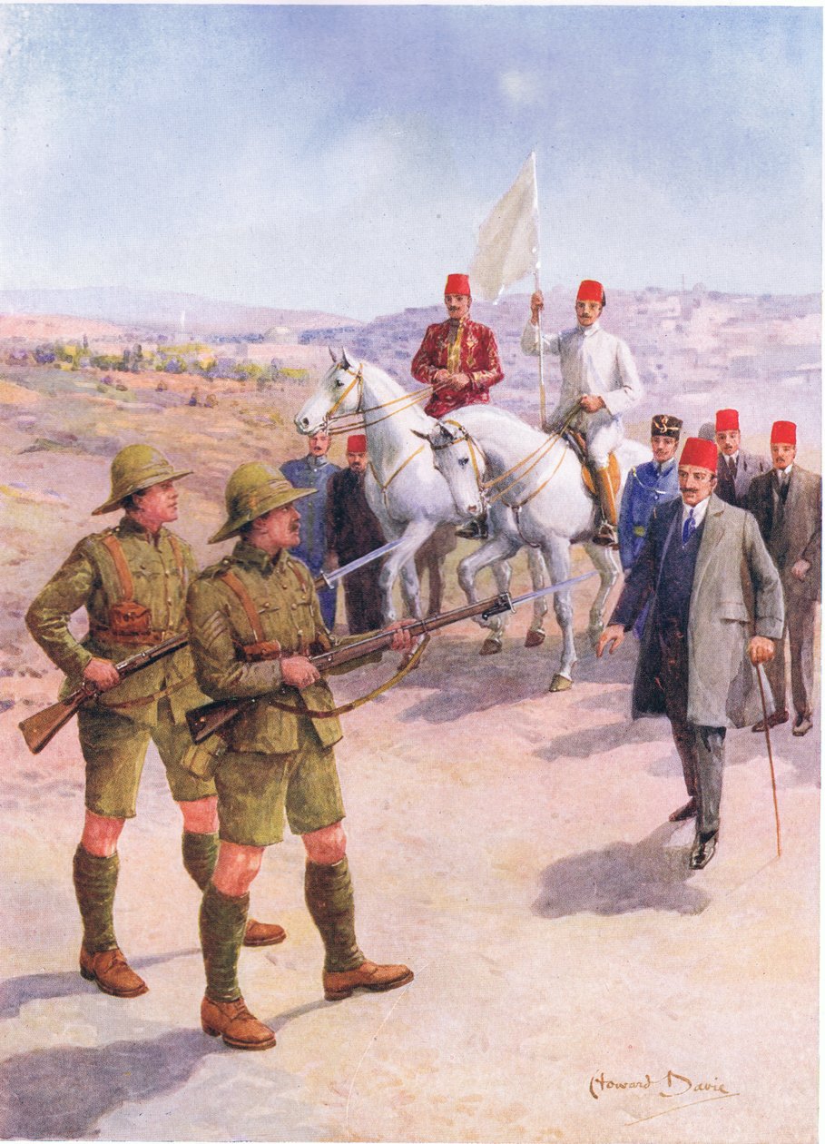 „Poddanie Jerozolimy sierżantowi Hurcombe z pułku londyńskiego”, ilustracja z „Brave Deeds by Brave Men”, C. Sheridan Jones, wyd. 1922 (lito) autorstwa Howard Davie
