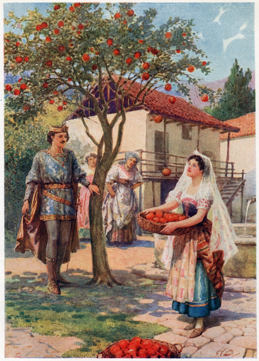„Owoc sam wpadł do kosza”, z włoskich bajek, autorstwa Lilia E. Romano, opublikowanych przez Raphael Tuck & Sons (kolor litho) autorstwa Howard Davie