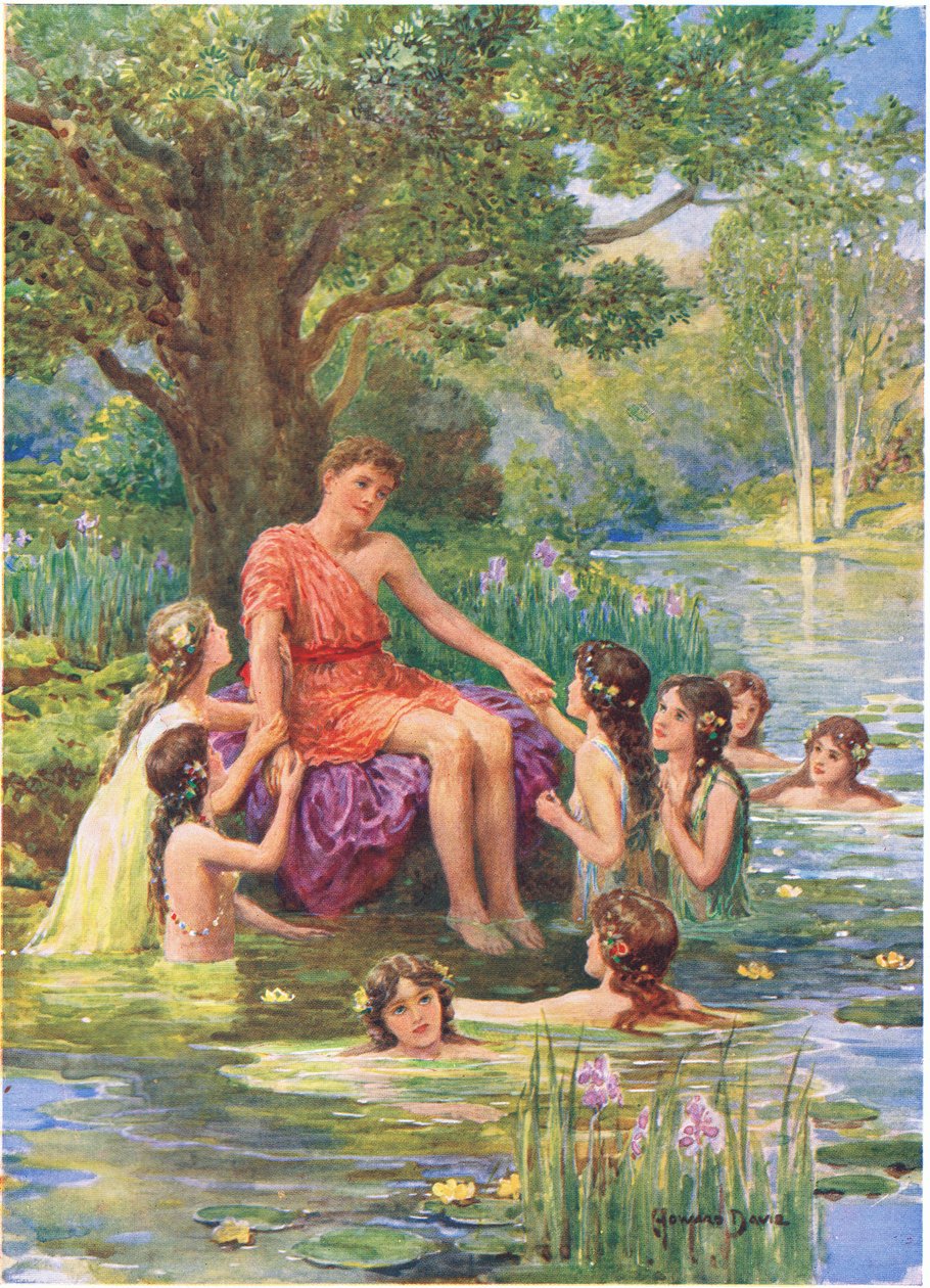 „Nimfy wodne podeszły, aby na niego spojrzeć i pokochały go”, ilustracja do „Jak Argonauci przypłynęli do Kolchidy”, z książki „Bohaterowie greckich bajek”, autorstwa Charlesa Kingsleya (1819-75) (kolor litho) autorstwa Howard Davie