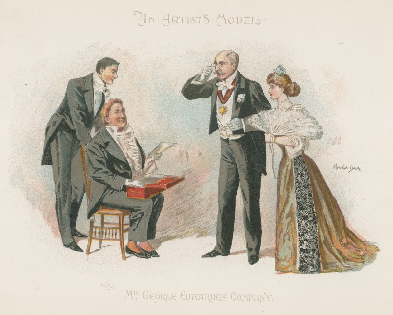 Trzech dobrze ubranych mężczyzn i dobrze ubrana kobieta (kolorowa litografia) autorstwa Howard Davie