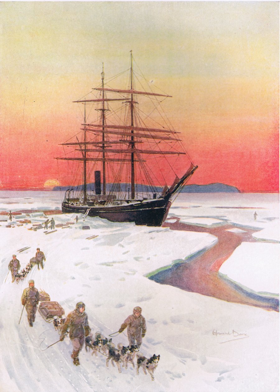 „Unloading the Terra Nova in McMurdo Sound”, ilustracja z „Brave Deeds by Brave Men” C. Sheridana Jonesa, wyd. 1922 (lito) autorstwa Howard Davie
