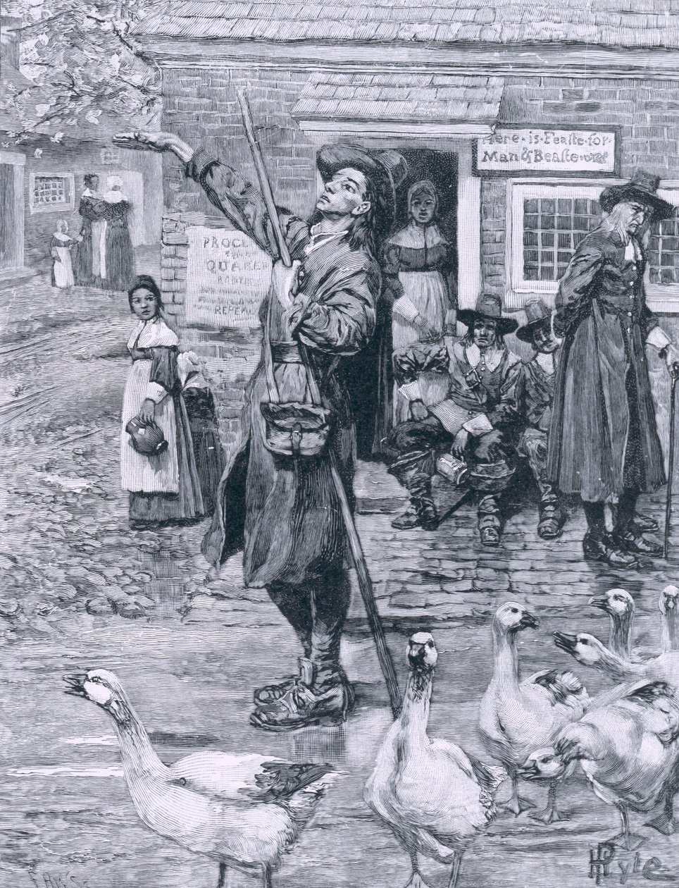Quaker Exhorter w Nowej Anglii, ilustracja z „Drugiego pokolenia Anglików w Ameryce” Thomasa Wentwortha Higginsona, wyd. w Magazynie Harpera, 1883 autorstwa Howard Pyle