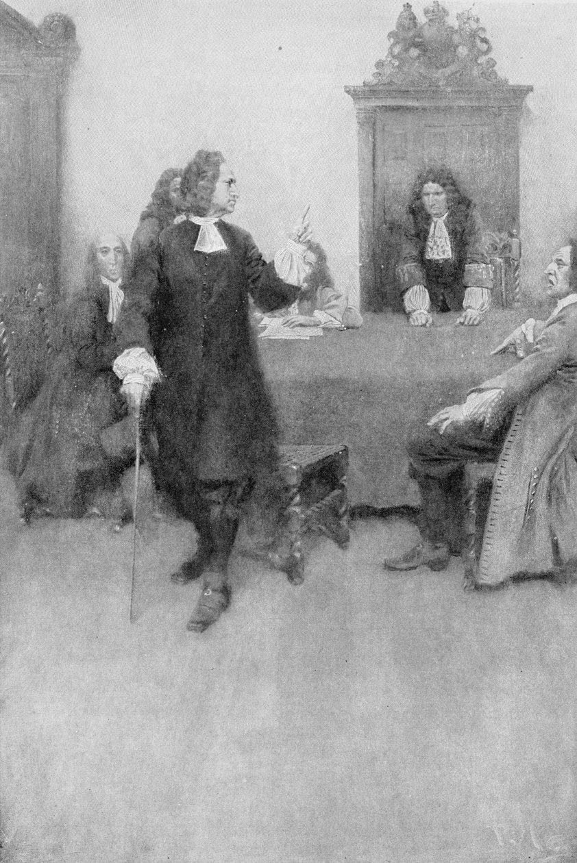 Wywiad pomiędzy Sir Edmundem Androsem i Jamesem Blairem ilustracja z „Colonies and Nation” Woodrowa Wilsona, wyd. w Magazynie Harpera, 1901 autorstwa Howard Pyle