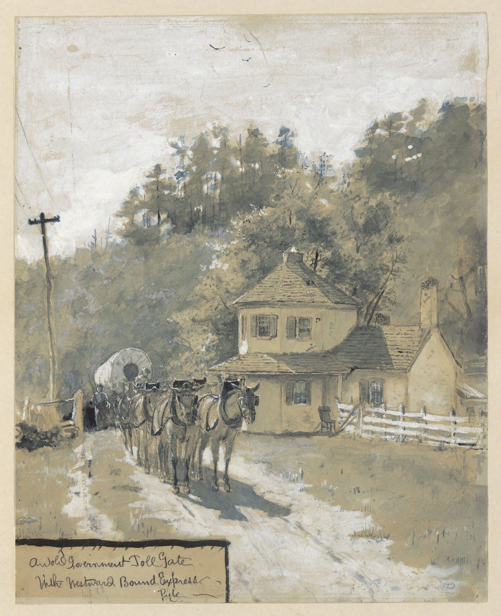 Stara rządowa bramka poboru opłat z ekspresem jadącym na zachód, rysunek ilustracji do artykułu „The Old National Pike” autorstwa Williama Henry