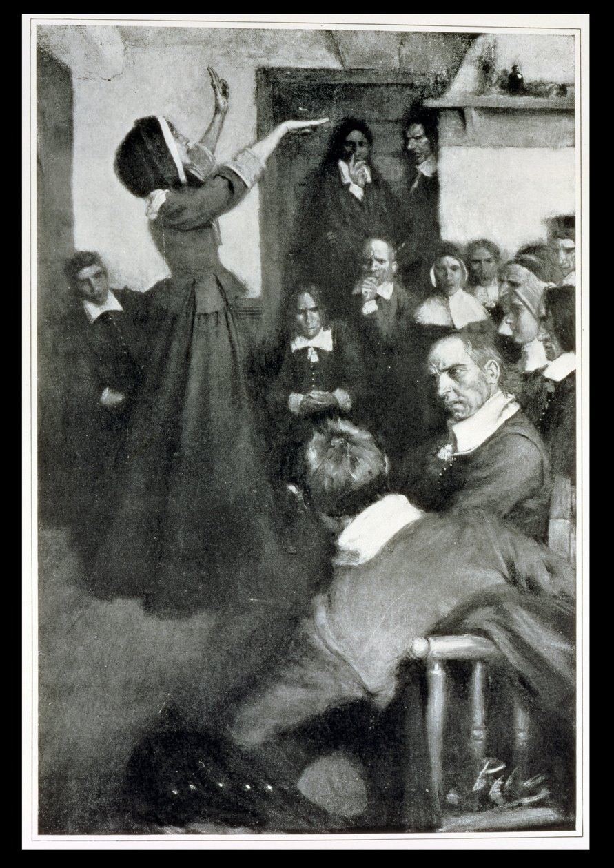 Anne Hutchinson nauczanie w swoim domu w Bostonie, 1637, ilustracja z „Kolonie i naród” Woodrowa Wilsona, wyd. w Magazynie Harpera, 1901 autorstwa Howard Pyle