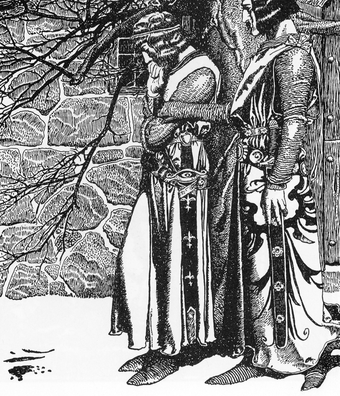 Lenda Arturiana: O Cavaleiro Kay (Keu) e Perceval (Sir Kay e Sir Percival) Ilustração de Howard Pyle (1853-1911) de “The Story of the Champions of the Round Table”” 1905 Private Collectionpolonês autorstwa Howard Pyle