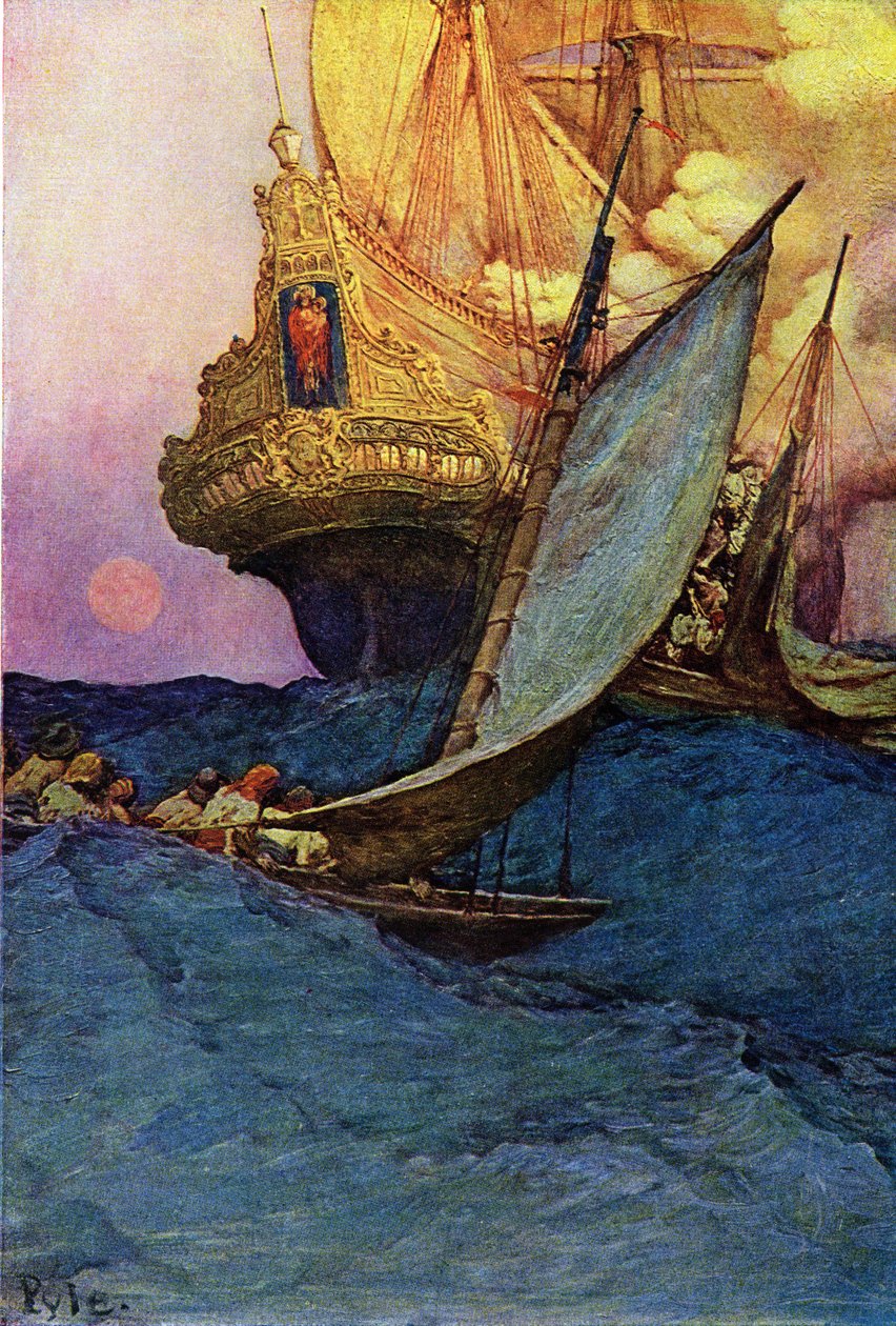 Atakowanie galeonu przez piratów. „”Księga piratów Buccaneers and Marooners of the Spanish Main” Howarda Pyle