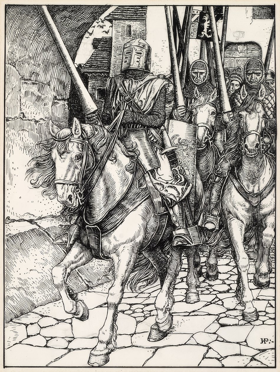 Odjechali ze zgrzytem kopyt i dzwoniąc zbroją autorstwa Howard Pyle