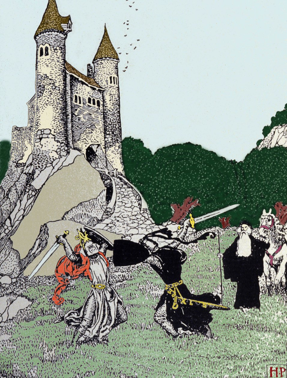 Bitwa między królem Arturem (Artusem) a czarnym rycerzem w obecności czarującego Merlina. Ilustracja Howarda Pyle