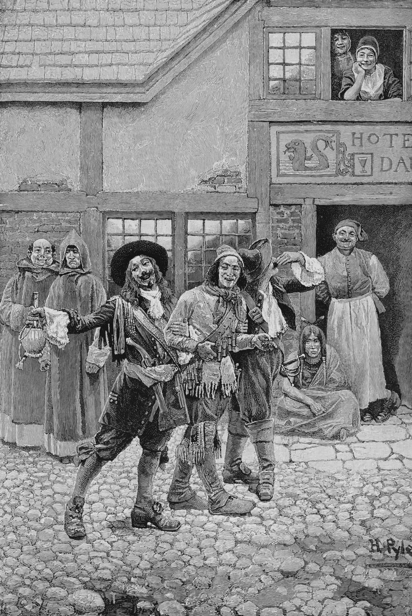Coureurs de Bois, grawerowane przez G.E. Johnson, ilustracja z „Canadian Voyageurs on the Saguenay” autorstwa C.H. Farnham, wyd. w Magazynie Harpera, 1888 autorstwa Howard Pyle
