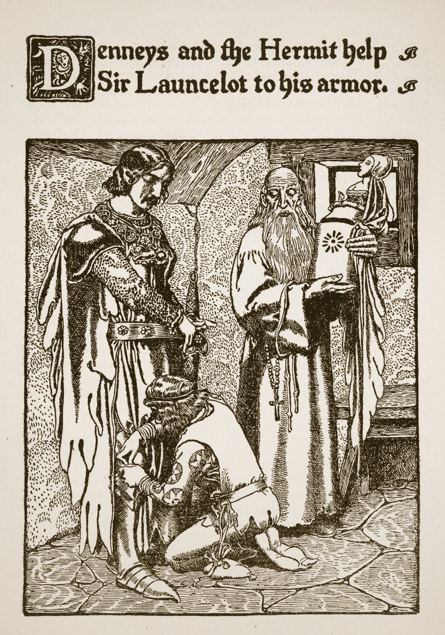Denneys i pustelnik pomagają Sir Launcelotowi zdobyć zbroję, ilustracja z „Historii Sir Launcelota i jego towarzyszy”, 1907 autorstwa Howard Pyle