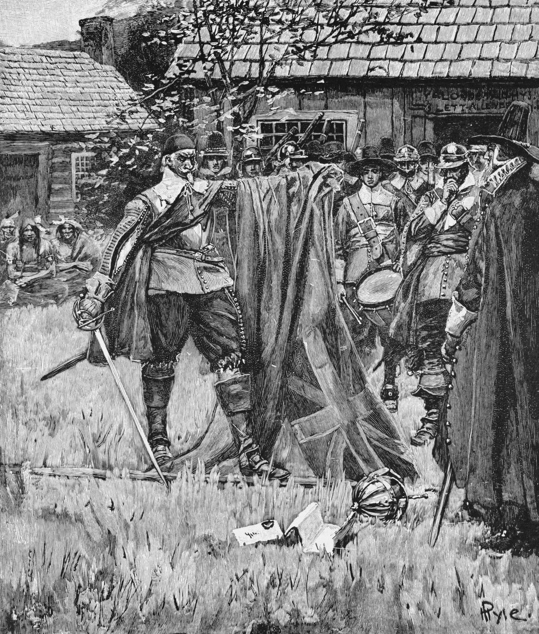 Endicott wycinanie krzyża z angielskiej flagi, ilustracja z „An English Nation” Thomasa Wentwortha Higginsona, wyd. w Magazynie Harpera, 1883 autorstwa Howard Pyle