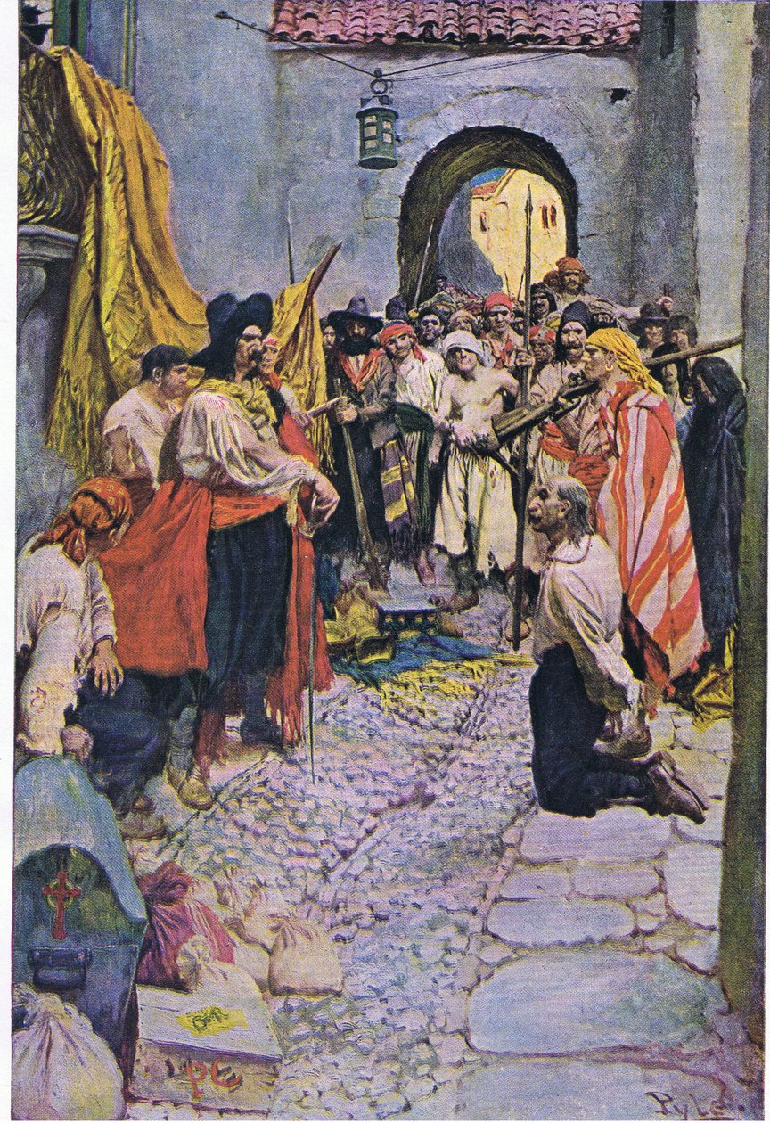 Wymuszenie hołdu od obywateli, z Księgi piratów Howarda Pylesa wydanej przez Harper & Bros, 1921 autorstwa Howard Pyle