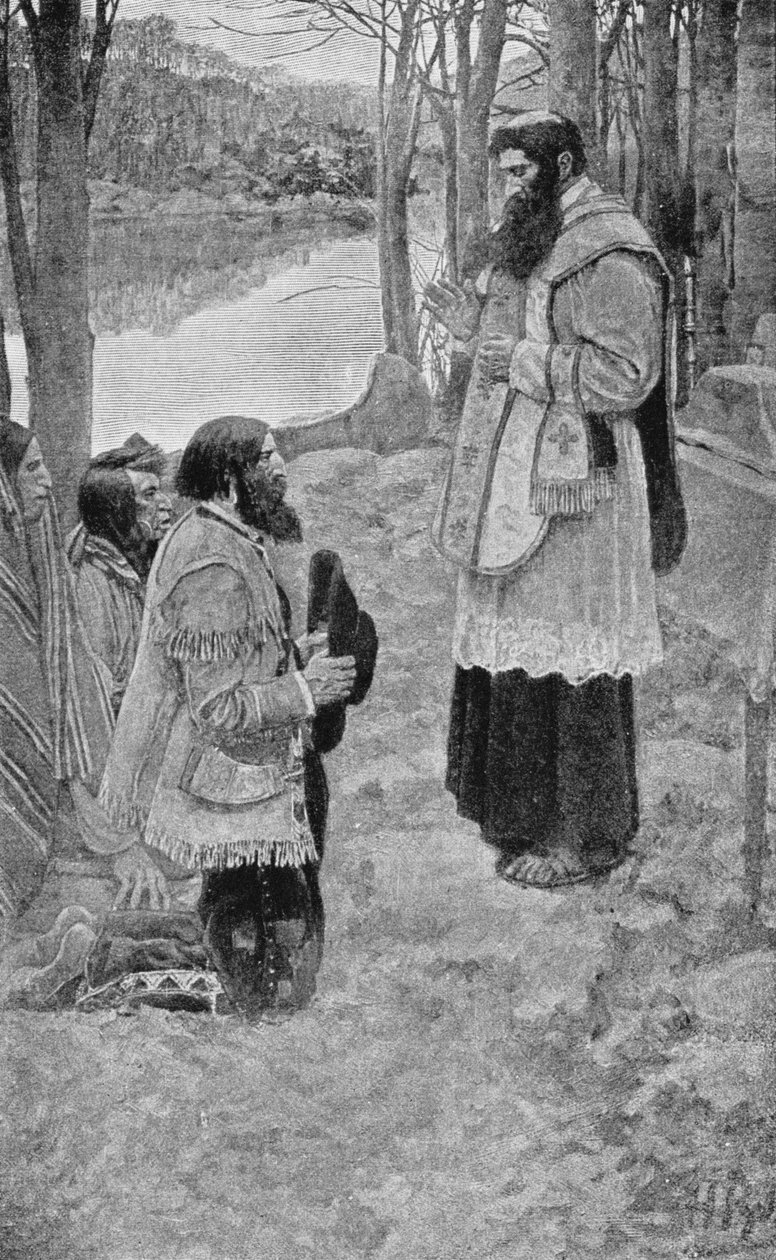 Ojciec Hennepin celebrujący Mszę św., ilustracja z „La Salle i odkrycie Wielkiego Zachodu” Francisa Parkmana autorstwa Howard Pyle