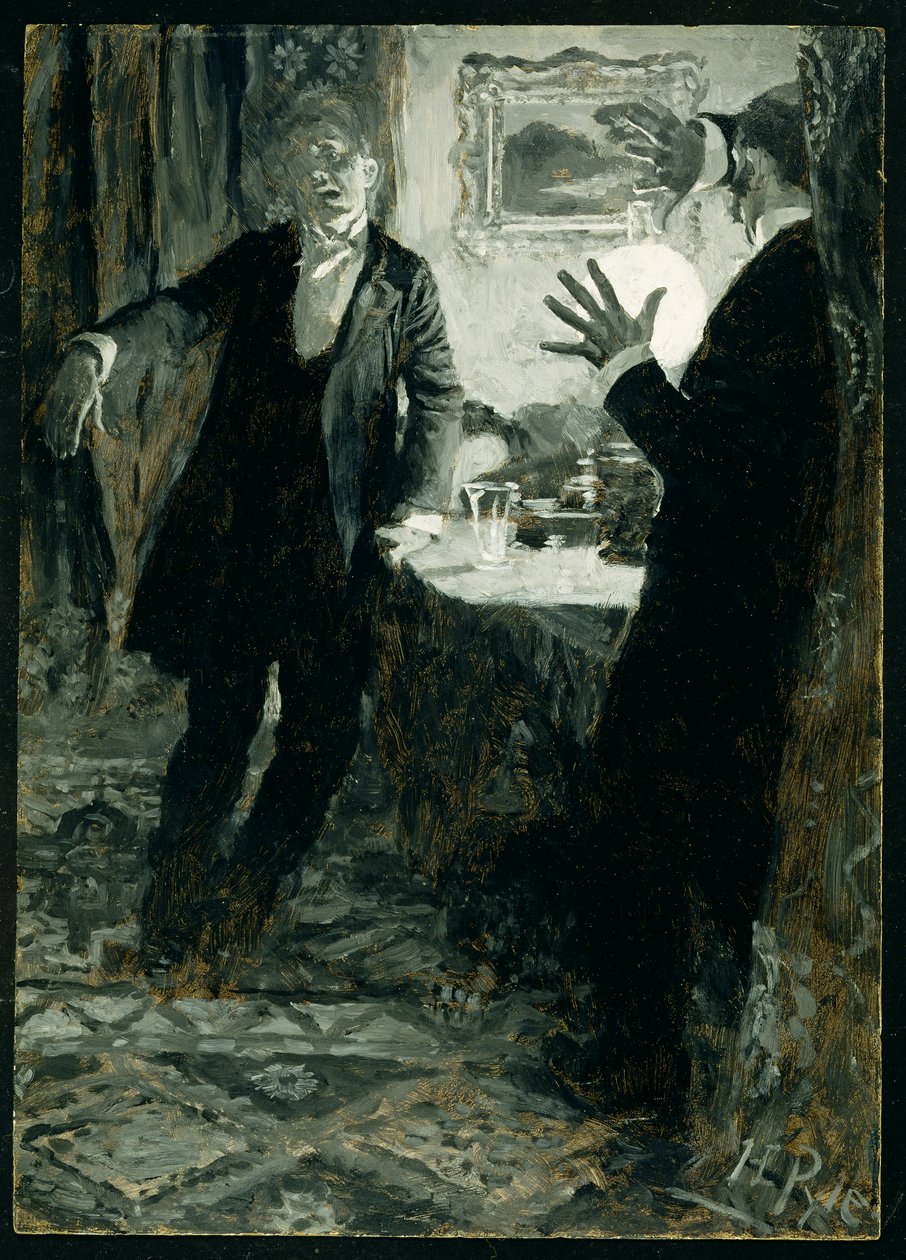 Przyłożył szklankę do ust i wypił jednym łykiem od „Dr. Jekyll and Mr. Hyde” Roberta Louisa Stevensona (1850-94), wydanie amerykańskie, wyd. 1895 (olej na płótnie) autorstwa Howard Pyle