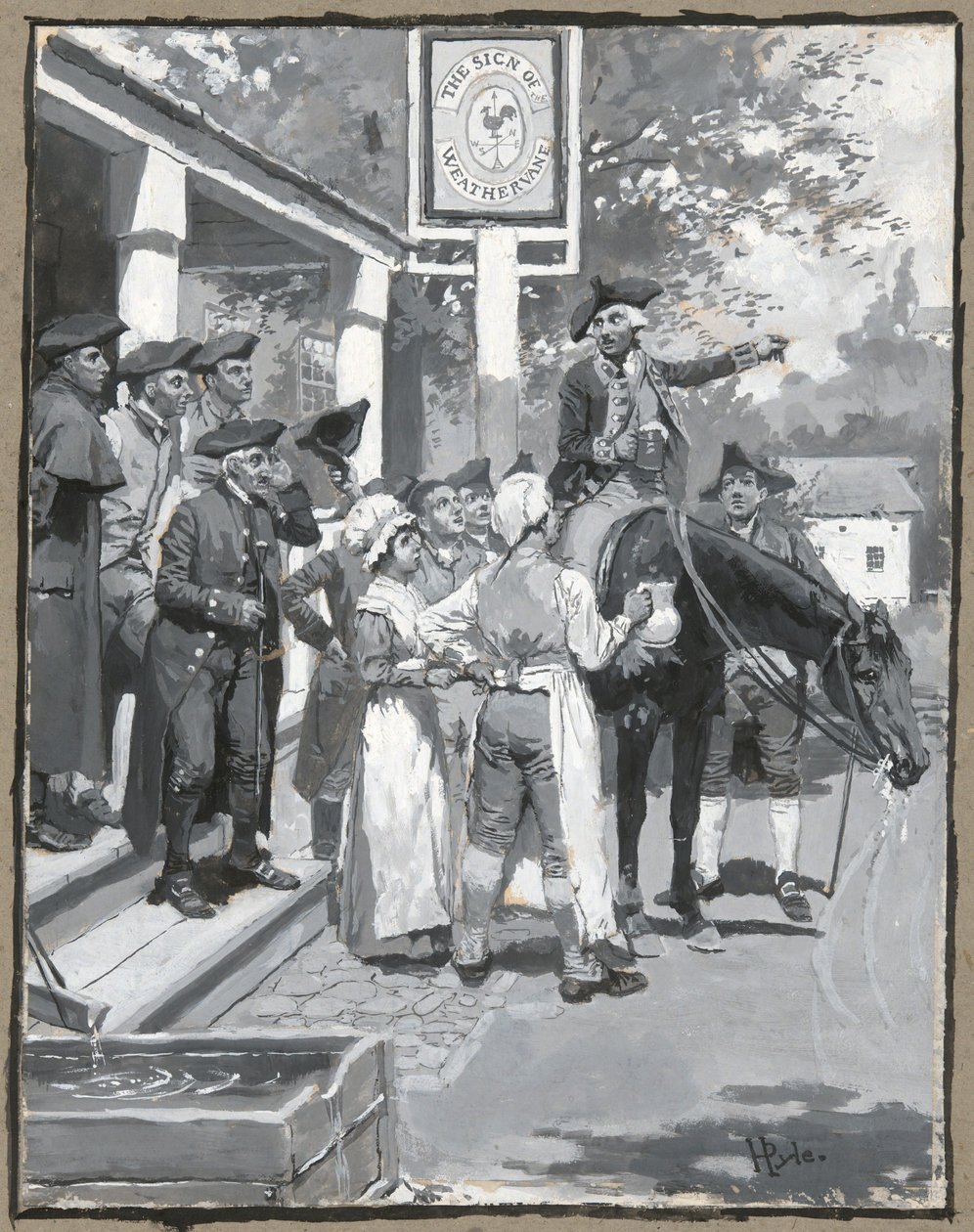 Zatrzymuje się przy znaku wiatrowskazu, rysuje ilustrację do wiersza autorstwa Howard Pyle