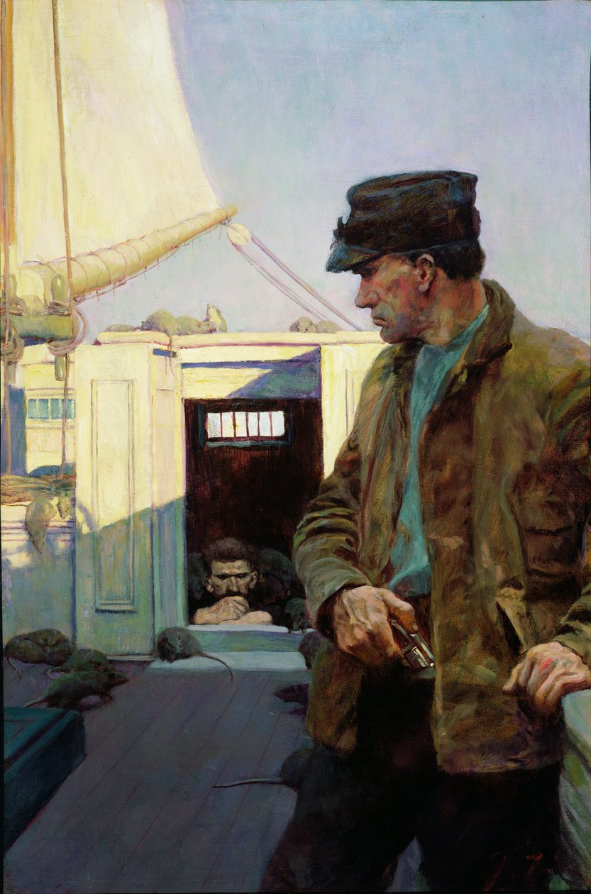 Obserwował mnie, jak kot obserwuje mysz, z filmu „Statek zbożowy” Morgana Robertsona (olej na płótnie) autorstwa Howard Pyle