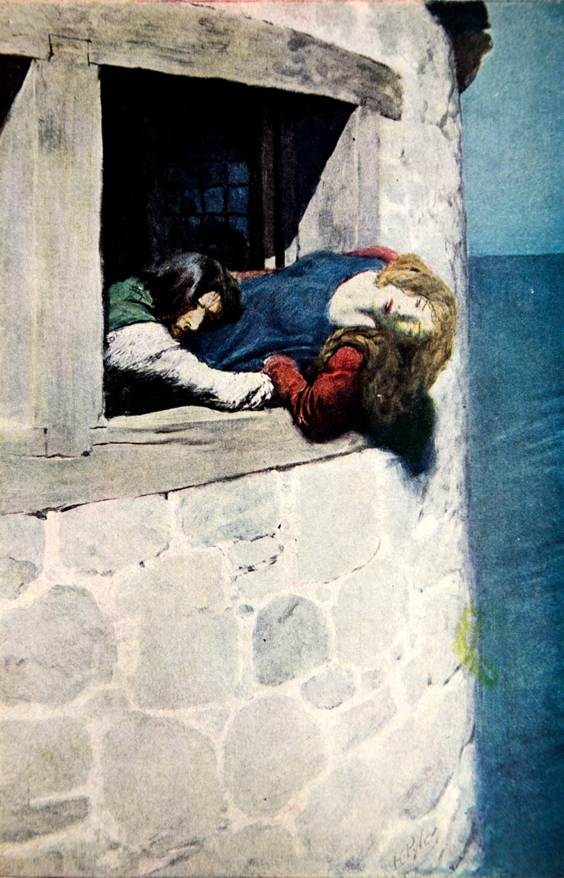 „Jej głowa i ramiona wisiały nad przestrzenią na zewnątrz”, ilustracja z The Maid of Landevennec, wyd. w Magazynie Harpera, 1904 autorstwa Howard Pyle