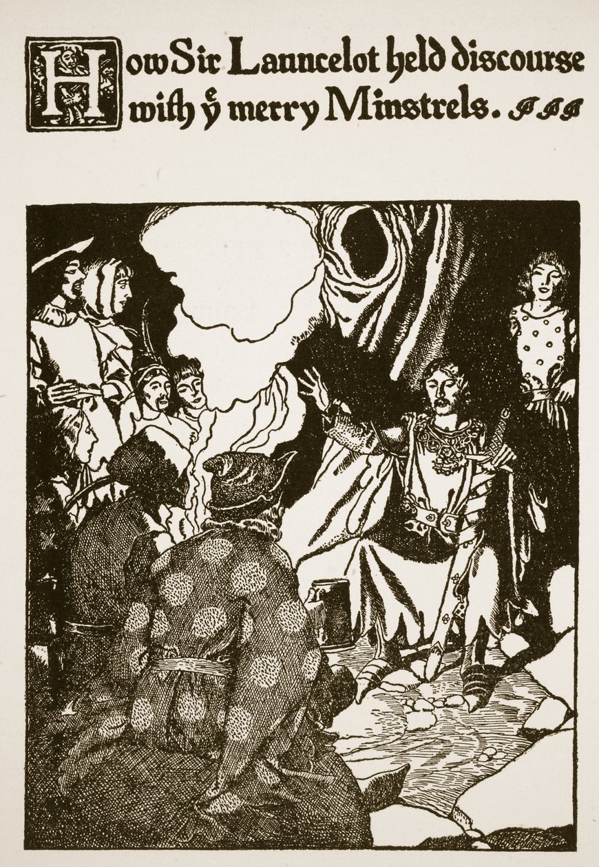 Jak sir Launcelot prowadził dyskurs z wesołymi minstrelami, ilustracja z „Historii Sir Launcelota i jego towarzyszy”, 1907 autorstwa Howard Pyle