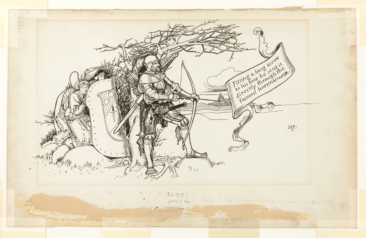 Ilustracja do okoliczności okoliczności, II; Dopasowując długą strzałę do łuku, wysłał ją bezpośrednio przez pierwszego jeźdźca autorstwa Howard Pyle