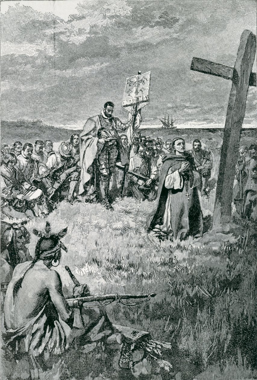 Jacques Cartier (1491-1557) Założenie krzyża w Gaspe, ilustracja z „The French Voyageurs” Thomasa Wentwortha Higginsona, wyd. w Magazynie Harpera, 1883 autorstwa Howard Pyle