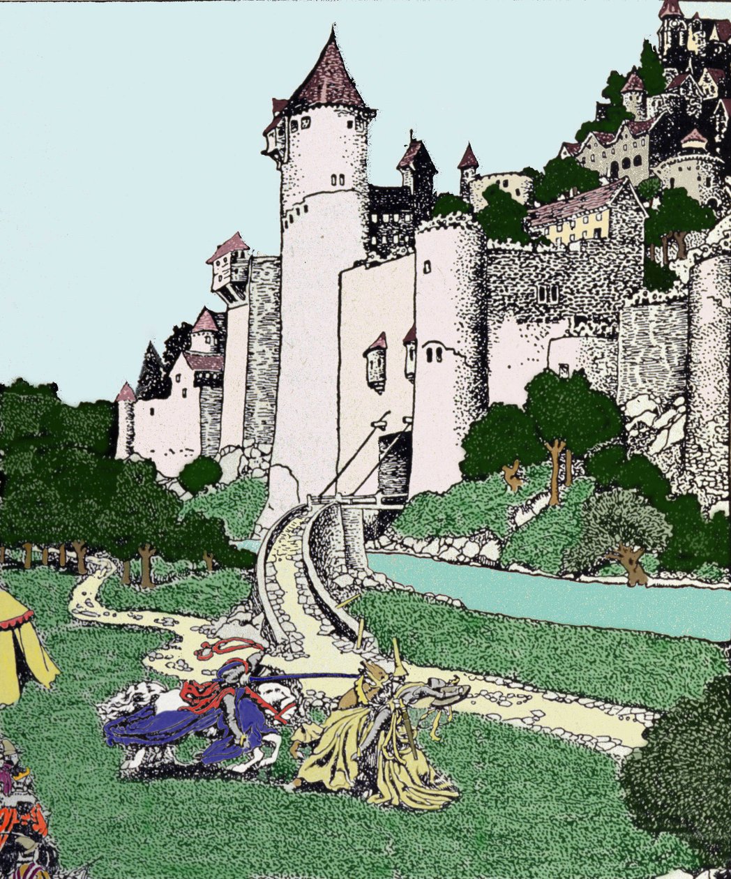Król Artur (Artus) i czarny rycerz walczą na dziedzińcu Camelotu. Ilustracja Howarda Pyle