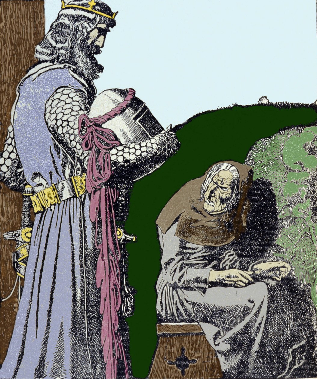 Król Artur (Artus) i wiedźma. Ilustracja Howarda Pyle