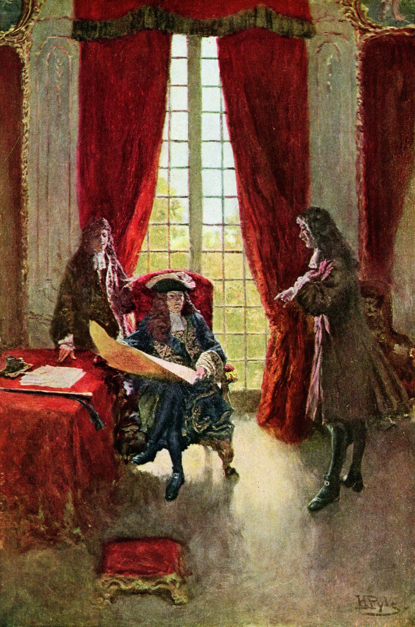 La Salle prosi króla o pozwolenie na zwiedzanie Missisipi, ilustracja z „Wielkiej La Salle” Henry Loomisa Nelsona, wyd. w Magazynie Harpera, 1905 autorstwa Howard Pyle