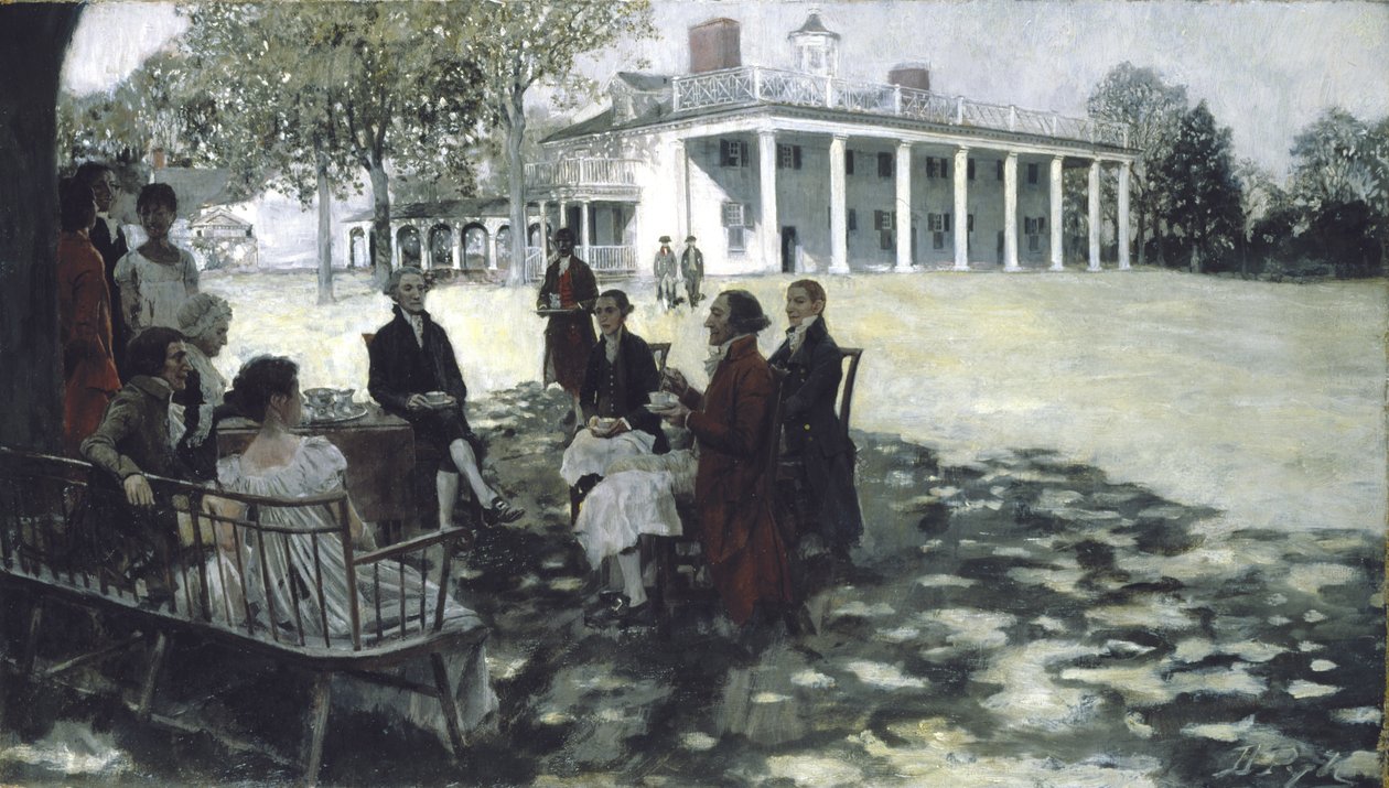Martha i George Washington zabawiają swoich przyjaciół na trawniku Mount Vernon, 1898 (olej i grisaille na płótnie) autorstwa Howard Pyle