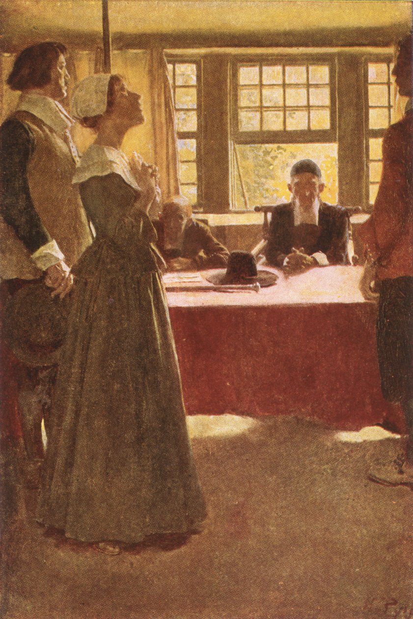 Mary Dyer przywieziona przed gubernatora Endicotta, ilustracja z „Wiszącej Mary Dyer” Basila Kinga, wyd. w Magazynie McClure