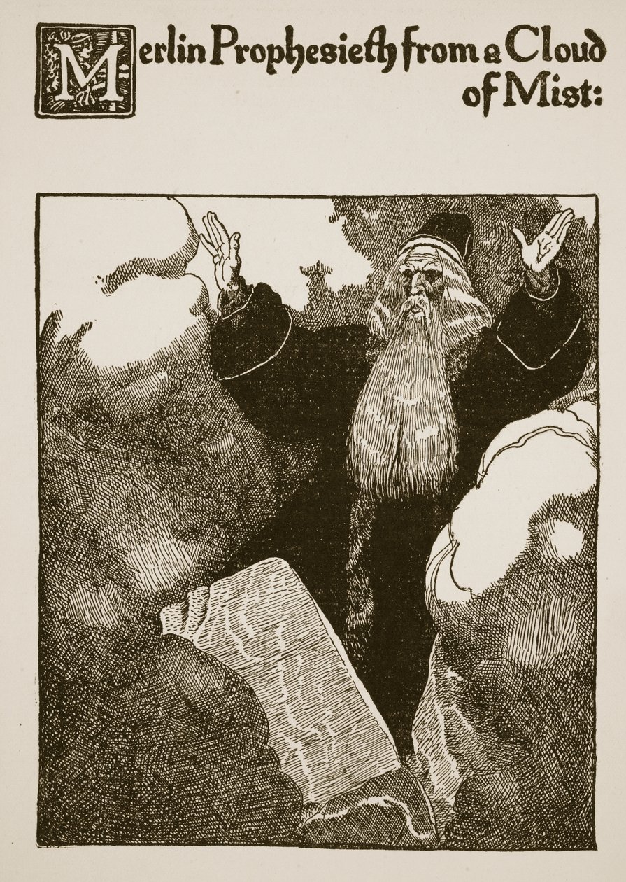 Merlin prorokuje z obłoku mgły, ilustracja z 