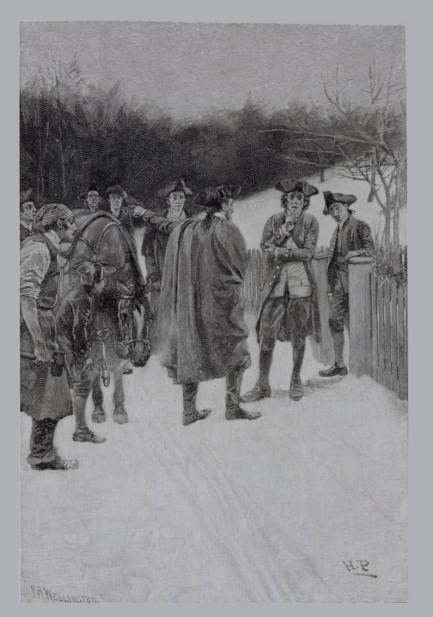 Paul Revere Bringing News to Sullivan, grawerowane przez F.H. Wellingtona, ilustracja z „The Gunpowder for Bunker Hill” Ballarda Smitha, wyd. w Magazynie Harpera, 1886 autorstwa Howard Pyle