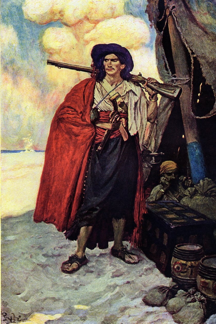 Portret pirata uzbrojonego w karabin. Niedaleko niego skarbnik i namiot rozbity na bezludnej wyspie. Ilustracja z „Księgi piratów Buccaneers and Marooners of the Spanish Main” Howarda Pyle