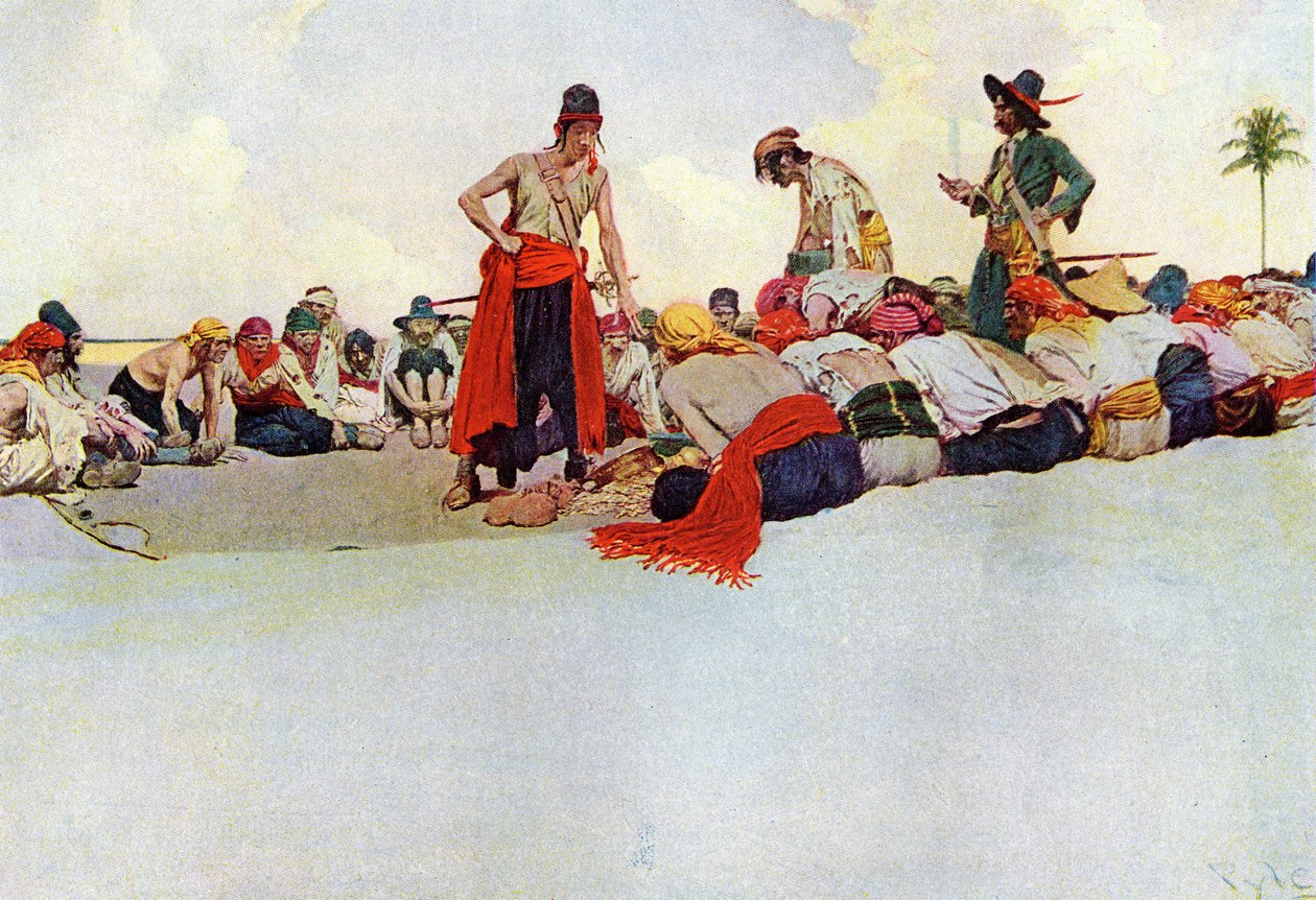 Dzieląc się skarbcem, piraci ponownie zjednoczyli się w kręgu. Ilustracja z „Księgi piratów Buccaneers and Marooners of the Spanish Main” Howarda Pyle