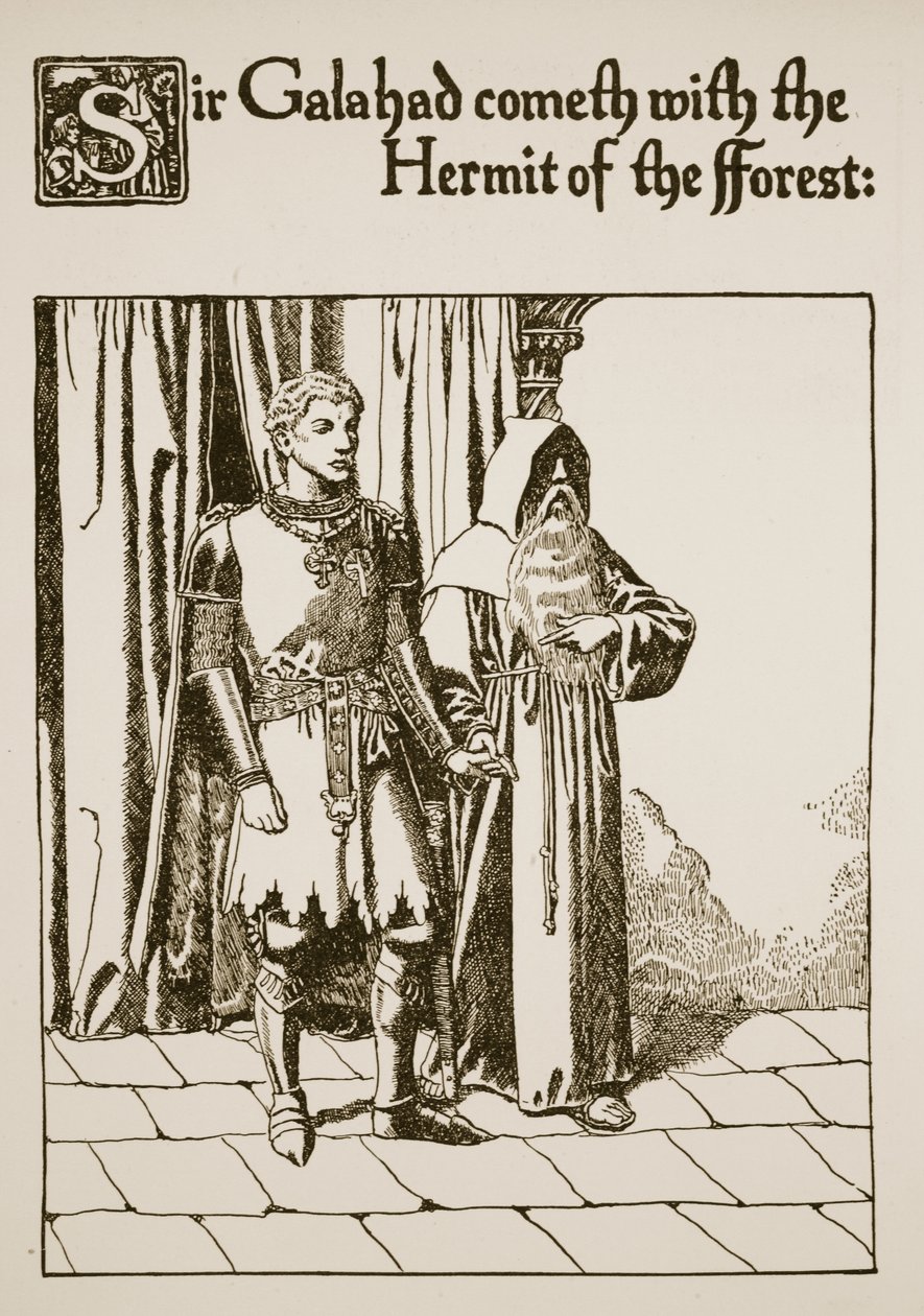 Sir Galahad przybywa z Pustelnikiem Lasu, ilustracja z „Historii o Graalu i odejściu Artura”, ok. 1910 autorstwa Howard Pyle